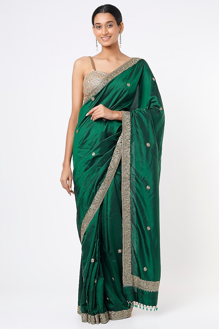 Emerald Green Embroidered Handcrafted Saree Set by Dhara Shah Studio