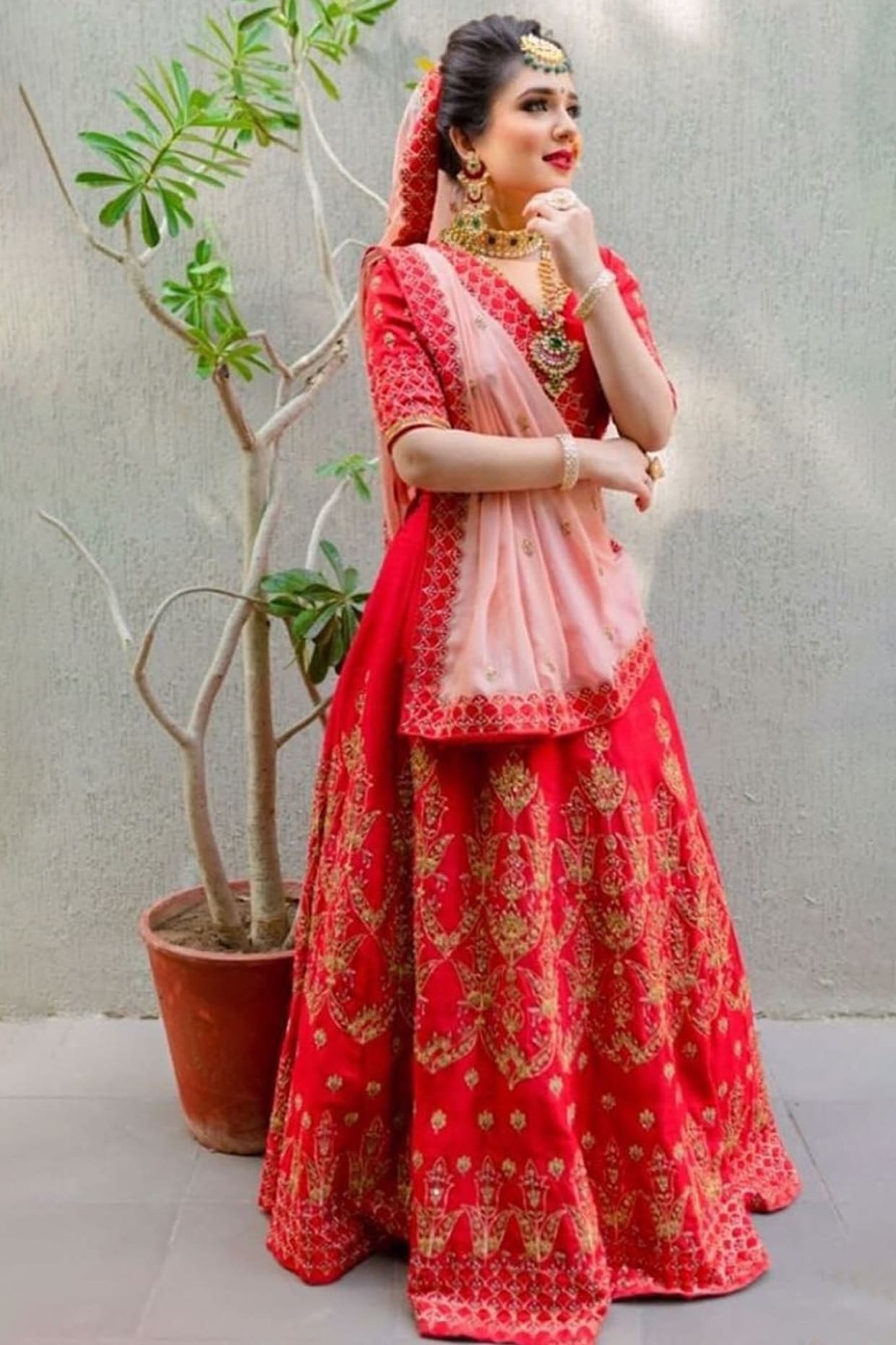 Chiku And Red Net Lehenga Choli With Sequins Embroidery with Stone Work