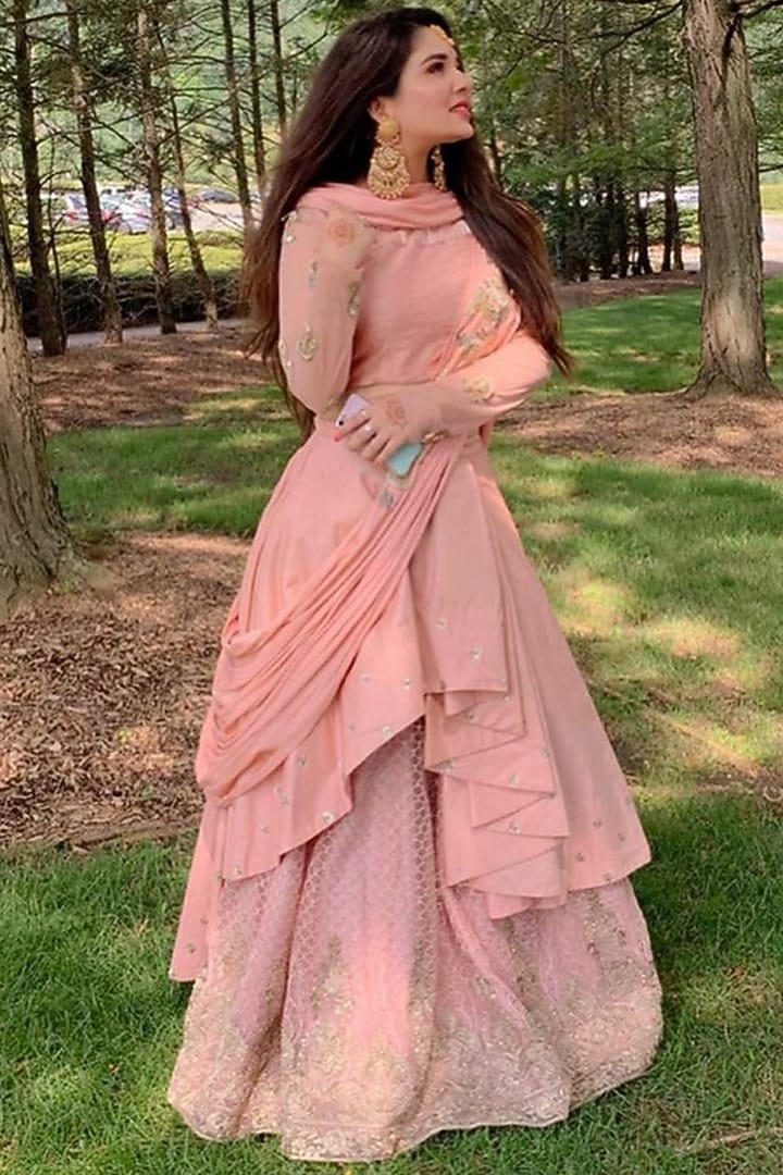Pastel Peach Embroidered Wedding Lehenga Set by Dhara Shah Studio at Pernia's Pop Up Shop