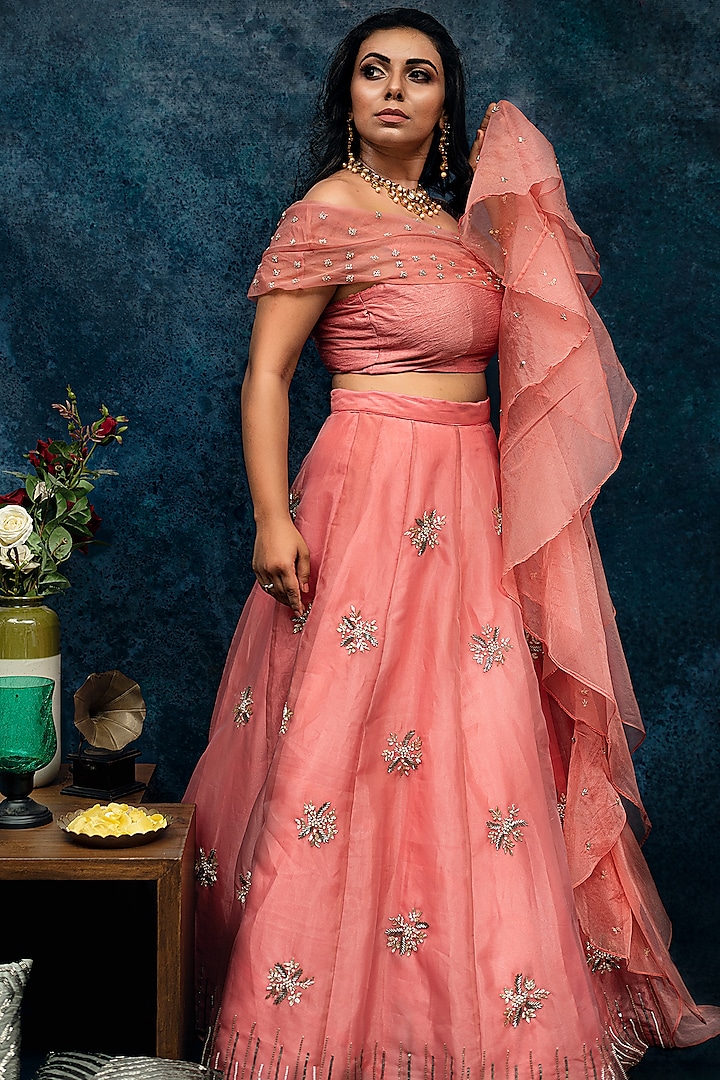 Peach Embellished Wedding Lehenga Set by Dhara Shah Studio at Pernia's Pop Up Shop