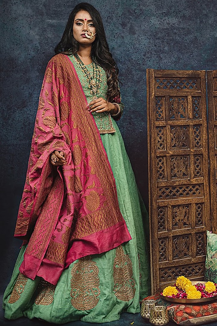 Green Handcrafted Embellished Wedding Lehenga Set by Dhara Shah Studio at Pernia's Pop Up Shop