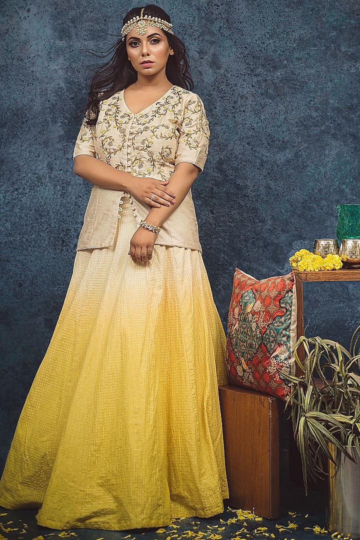 Off white & Yellow Embellished Lehenga Set by Dhara Shah Studio