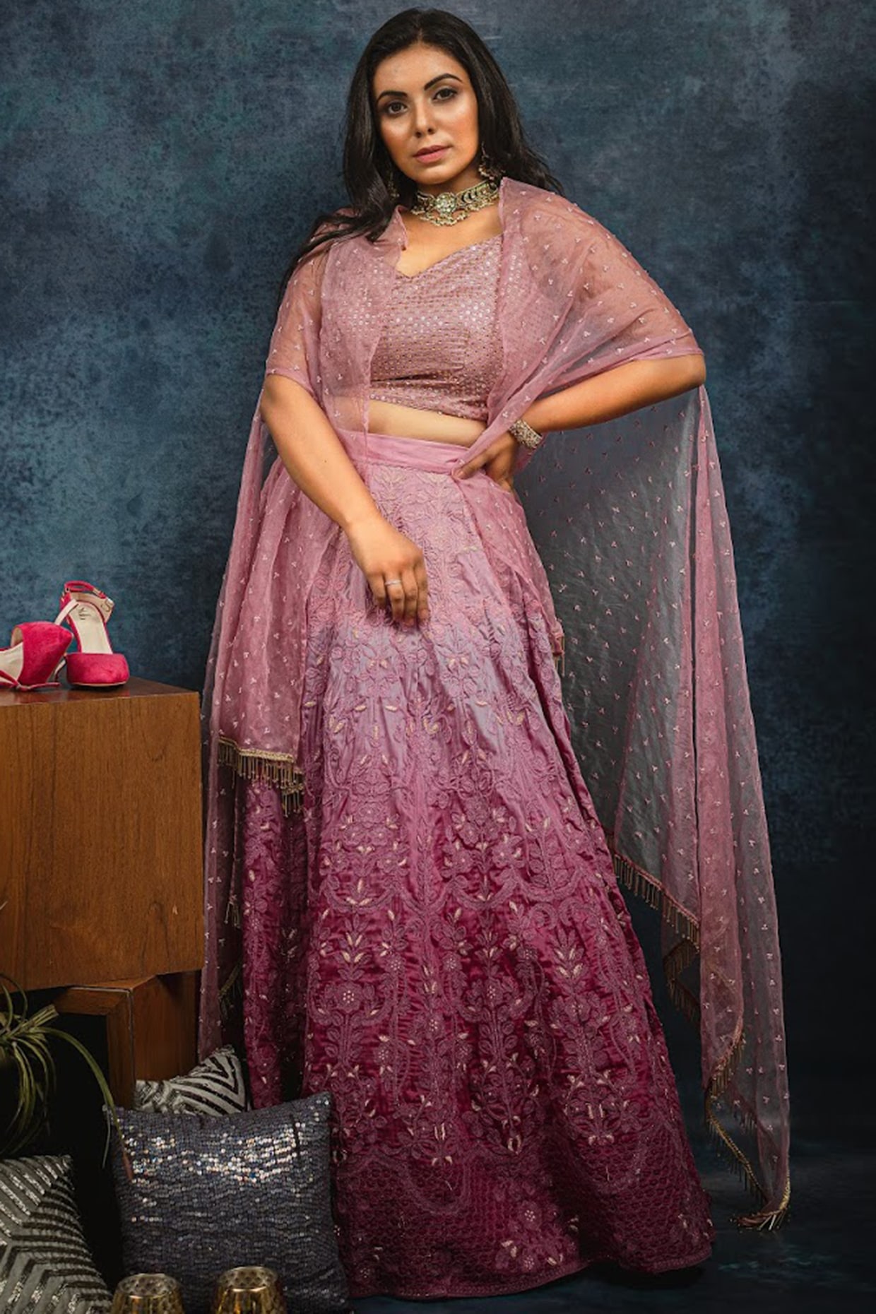 Buy Purple and pink velvet Indian wedding lehenga in UK, USA and Canada
