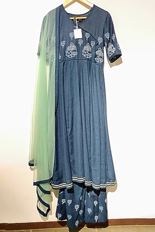 Indigo Blue Block Printed Anarkali Set by Dhara Shah Studio