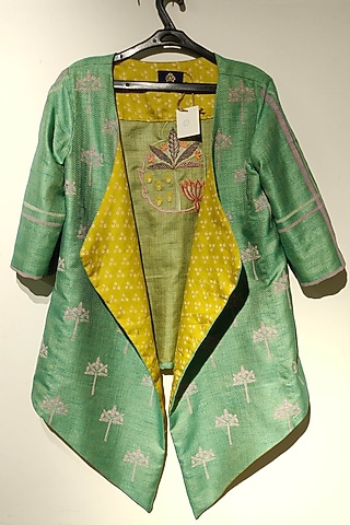 Aqua Blue Block Printed Jacket by Dhara Shah Studio