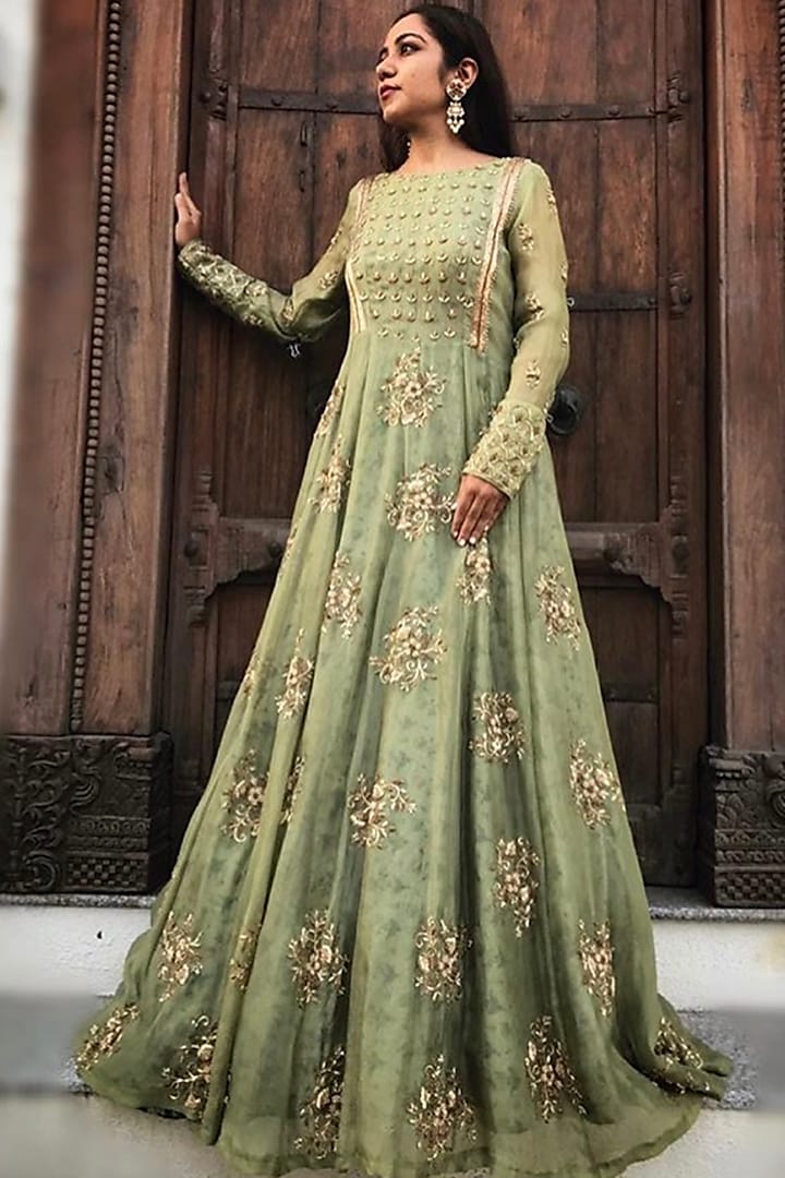 Green Organza Gown With Zardosi Work by Dhara Shah Studio