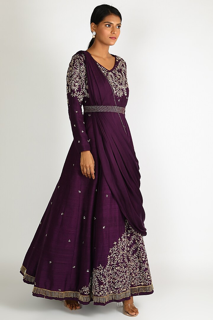 Purple Embroidered Gown For Girls by Dhara Shah Studio - KIDS
