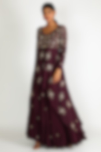 Maroon Embroidered Gown For Girls by Dhara Shah Studio - KIDS