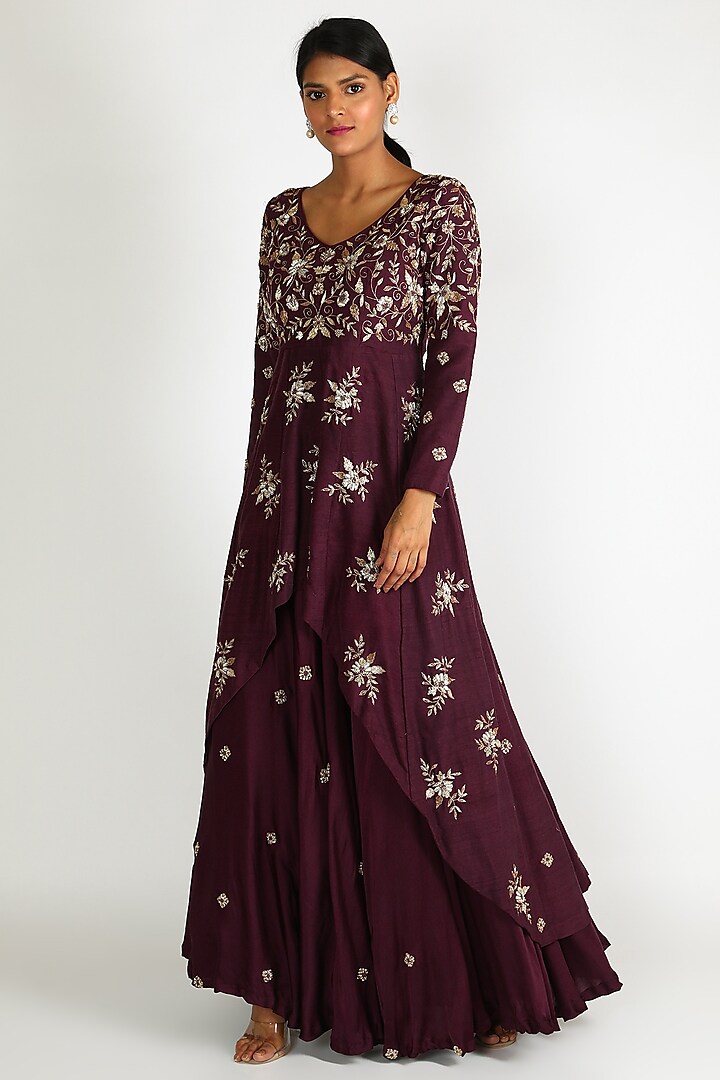Maroon Embroidered Gown For Girls by Dhara Shah Studio - KIDS