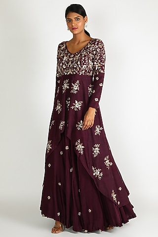 Maroon Embroidered Gown For Girls by Dhara Shah Studio - KIDS