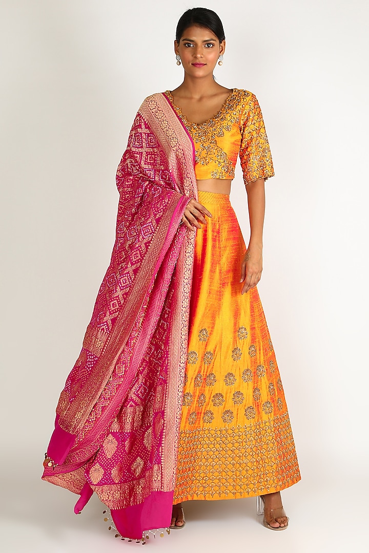 Orange Embroidered Lehenga Set For Girls by Dhara Shah Studio - KIDS