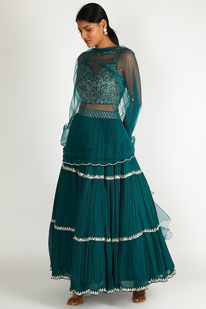Turquoise Embroidered Lehenga Set For Girls by Dhara Shah Studio - KIDS