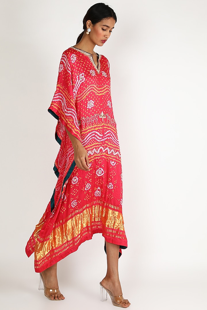 Red Ombre Embroidered Kaftan For Girls by Dhara Shah Studio - KIDS