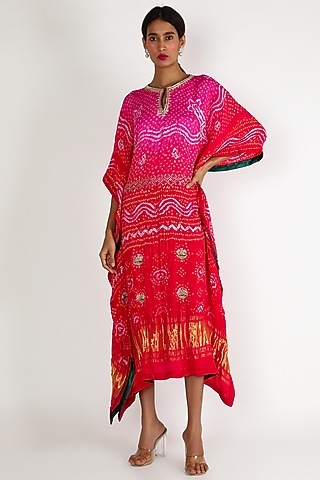 Pink Ombre Embroidered Kaftan For Girls by Dhara Shah Studio - KIDS