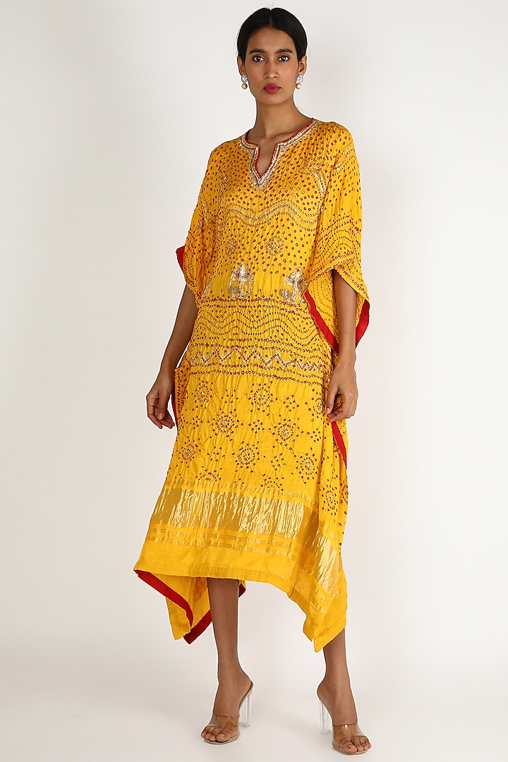 Yellow Embroidered Kaftan For Girls by Dhara Shah Studio - KIDS