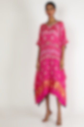 Rani Pink Embroidered Kaftan For Girls by Dhara Shah Studio - KIDS