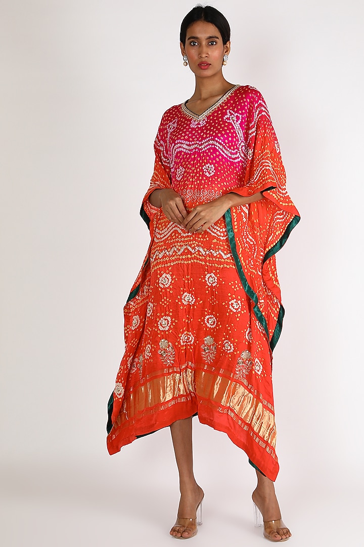 Orange Ombre Embroidered Kaftan For Girls by Dhara Shah Studio - KIDS