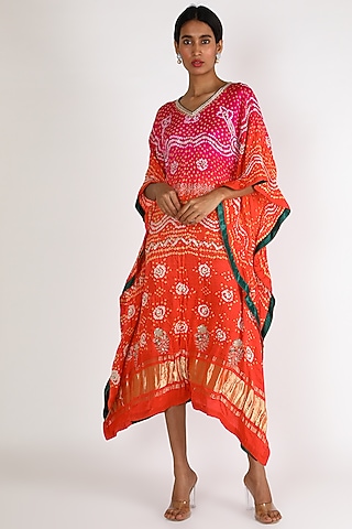 Orange Ombre Embroidered Kaftan For Girls by Dhara Shah Studio - KIDS
