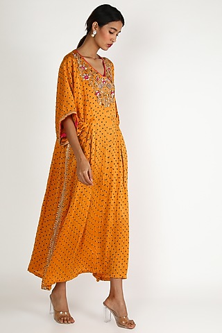 Mango Yellow Embroidered Kaftan For Girls by Dhara Shah Studio - KIDS
