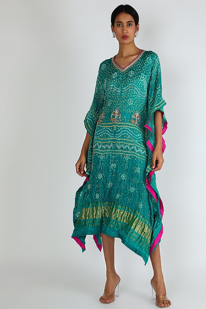 Peacock Blue Embroidered Kaftan For Girls by Dhara Shah Studio - KIDS