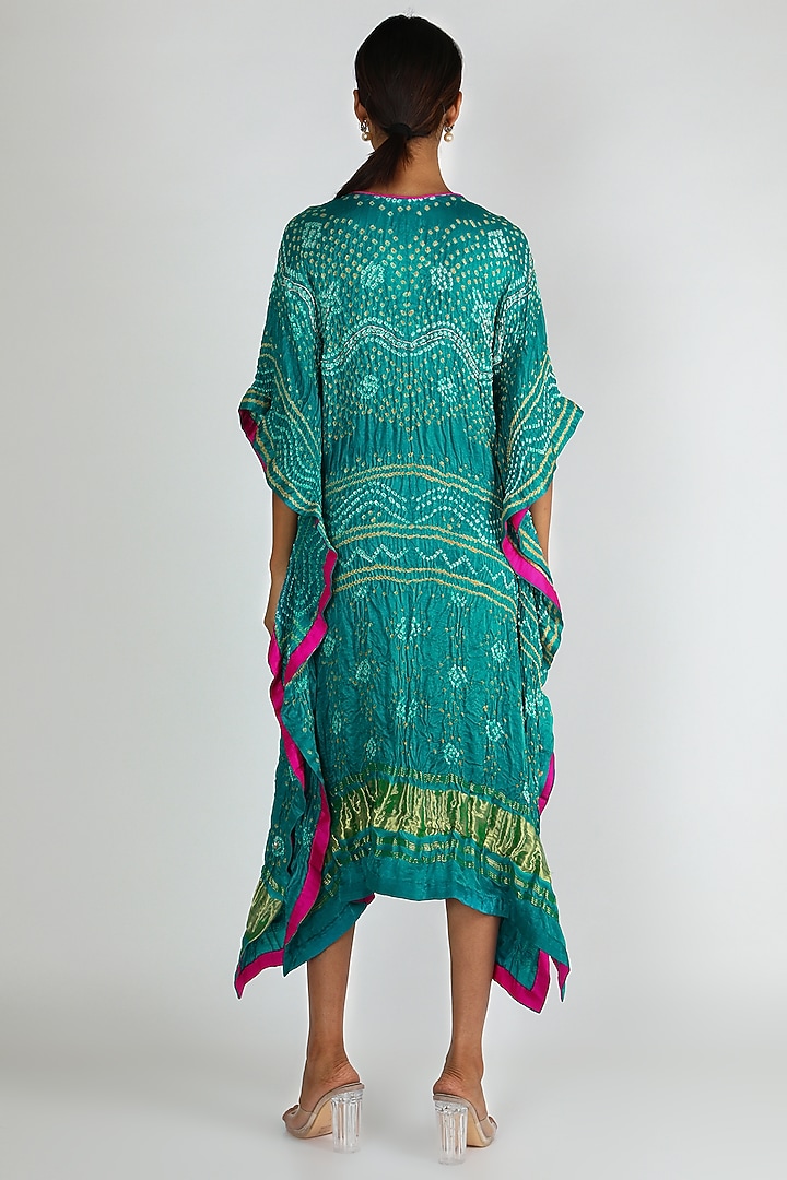 Peacock Blue Embroidered Kaftan For Girls by Dhara Shah Studio - KIDS at Pernia's Pop Up Shop