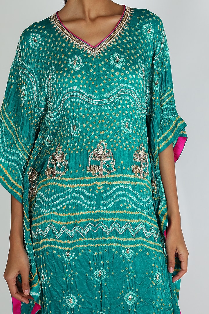 Peacock Blue Embroidered Kaftan For Girls by Dhara Shah Studio - KIDS at Pernia's Pop Up Shop