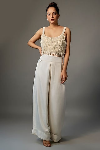Ivory Silk Pant Set by Dhara Shah Studio
