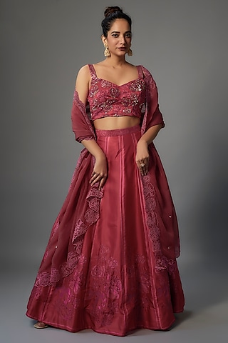 Red Modal Silk Printed Lehenga Set by Dhara Shah Studio