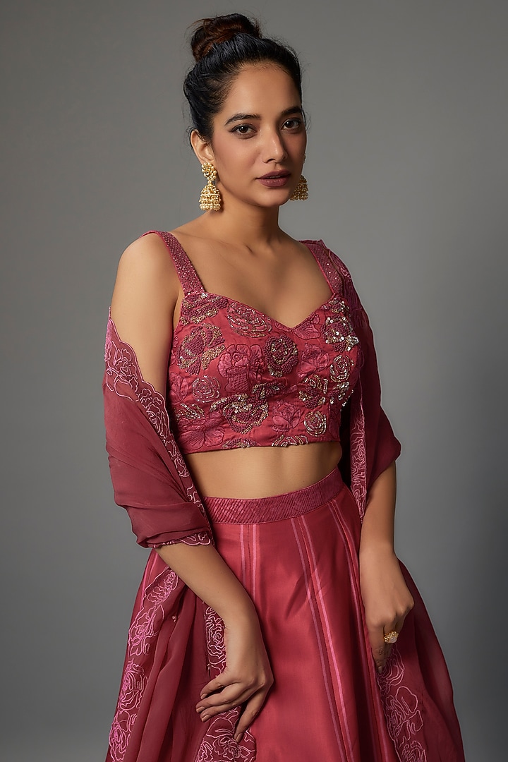 Red Modal Silk Printed Wedding Lehenga Set by Dhara Shah Studio at Pernia's Pop Up Shop