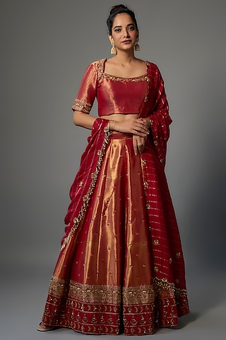 Maroon with Gold Zari Tissue Lehenga Set by Dhara Shah Studio