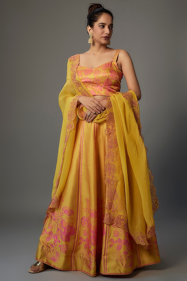 Yellow Modal Silk Printed Lehenga Set by Dhara Shah Studio