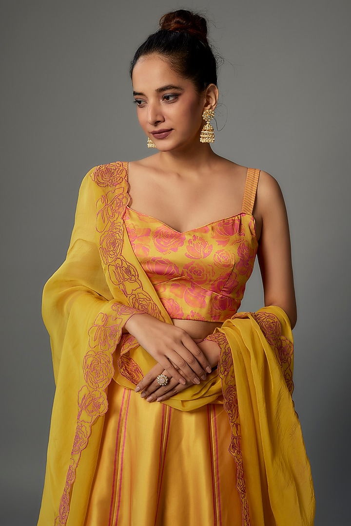 Yellow Modal Silk Printed Lehenga Set by Dhara Shah Studio at Pernia's Pop Up Shop