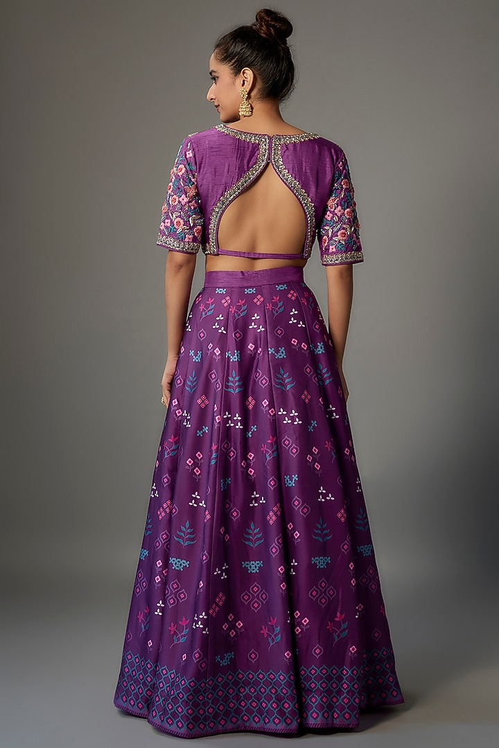 Purple Modal Silk & Dola Silk Printed Wedding Lehenga Set by Dhara Shah Studio at Pernia's Pop Up Shop