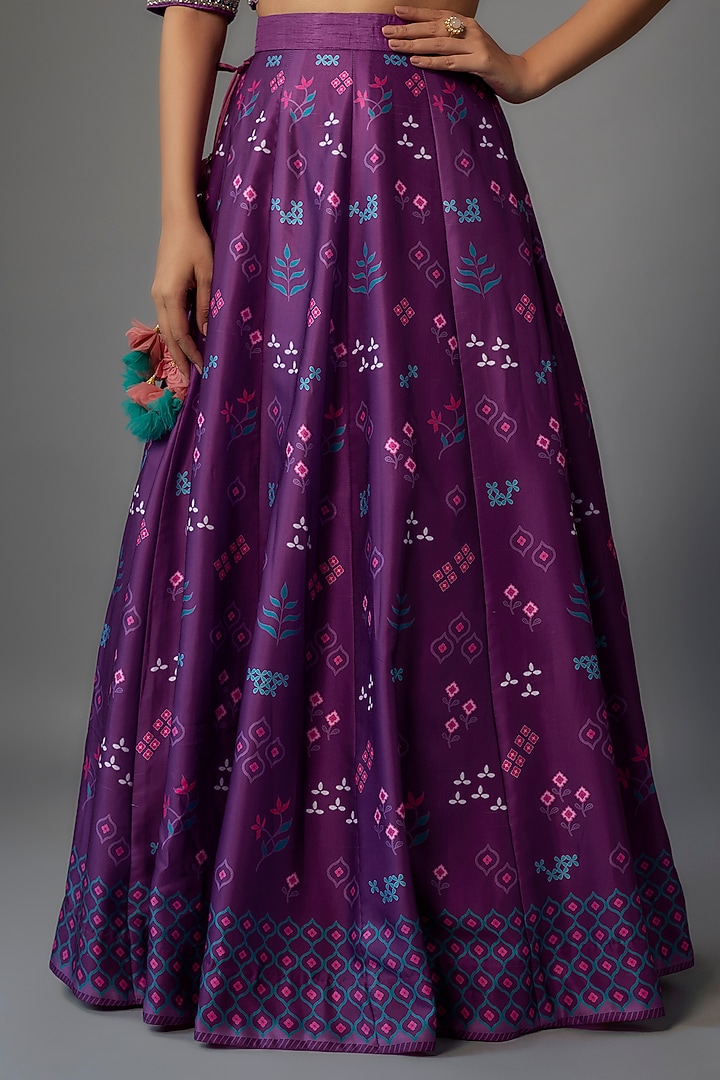 Purple Modal Silk & Dola Silk Printed Wedding Lehenga Set by Dhara Shah Studio at Pernia's Pop Up Shop