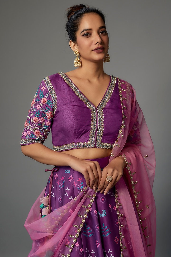 Purple Modal Silk & Dola Silk Printed Wedding Lehenga Set by Dhara Shah Studio at Pernia's Pop Up Shop