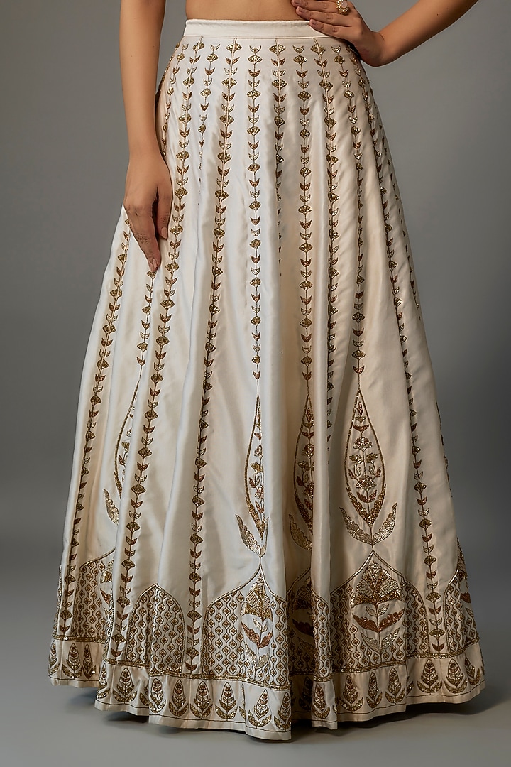 Ivory Linen Satin Embroidered Wedding Lehenga Set by Dhara Shah Studio at Pernia's Pop Up Shop