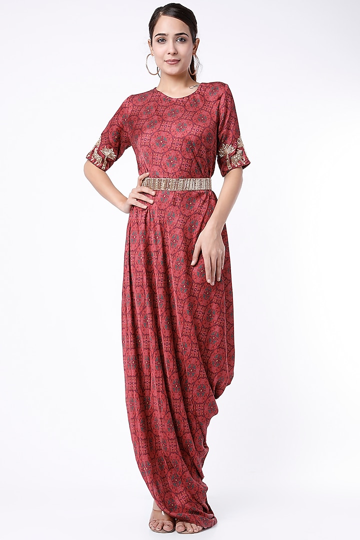 Maroon Patola Printed Draped Dress by Dhara Shah Studio