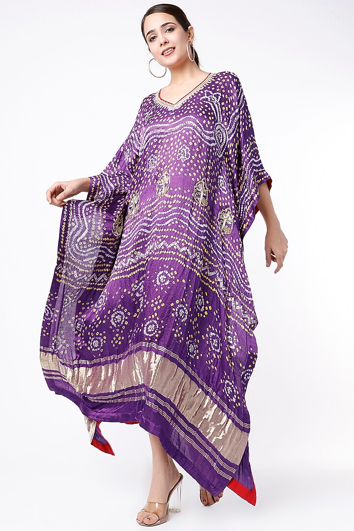 Purple Bandhani Kaftan by Dhara Shah Studio at Pernia's Pop Up Shop