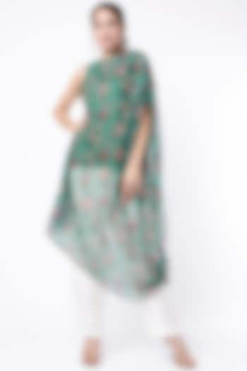 Green Floral Draped Kaftan Top by Dhara Shah Studio