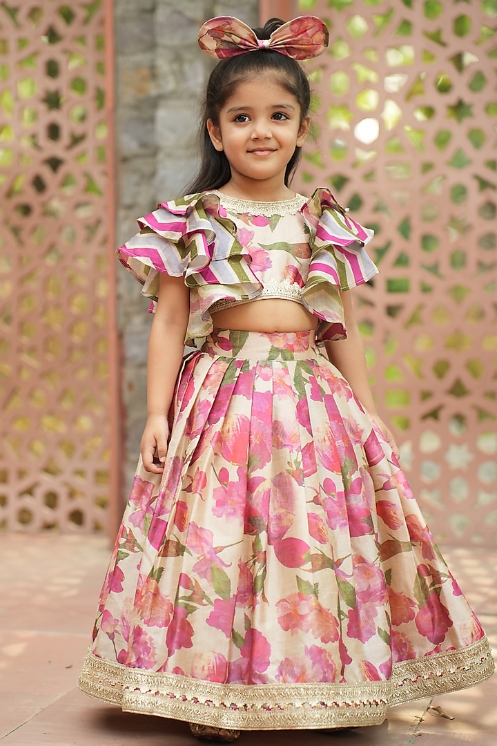 Multi-colored Tussar Silk Floral Printed Lehenga Set For Girls by PiccoRicco at Pernia's Pop Up Shop