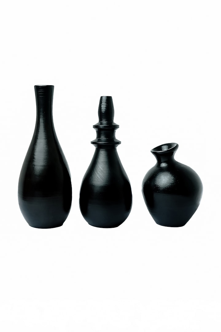 Black Blackened Terracotta Vase Set (Set of 4) by Jin and Company at Pernia's Pop Up Shop