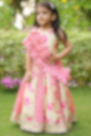 Pink & Golden Tussar Silk Lehenga Set For Girls by PiccoRicco