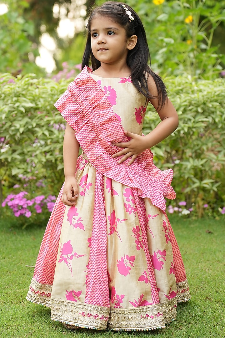 Pink & Golden Tussar Silk Lehenga Set For Girls by PiccoRicco