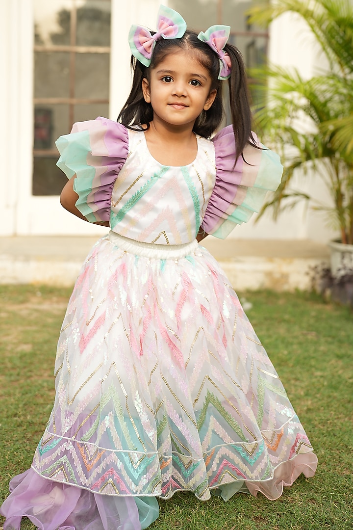 Multi-Colored Net & Organza Sequins Embroidered Lehenga Set For Girls by PiccoRicco at Pernia's Pop Up Shop