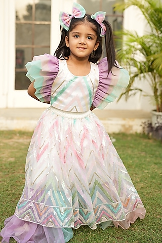 Multi-Colored Net & Organza Sequins Embroidered Lehenga Set For Girls by PiccoRicco