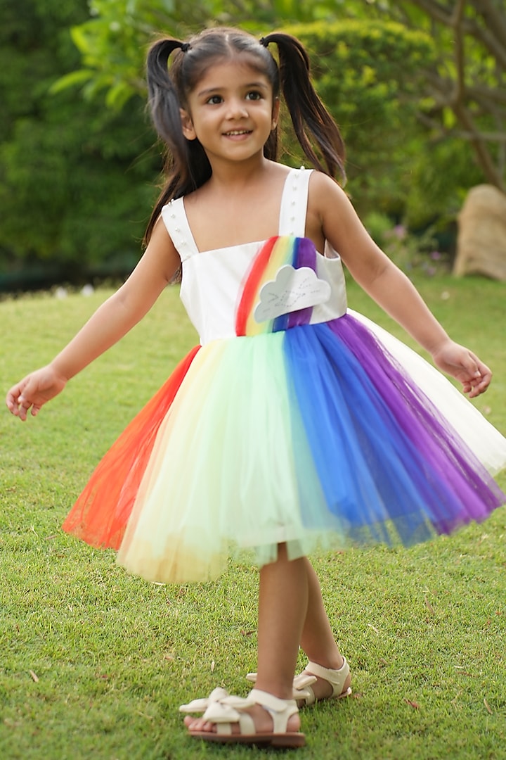 Multi-Colored Net Pearl Embroidered Rainbow Dress For Girls by PiccoRicco