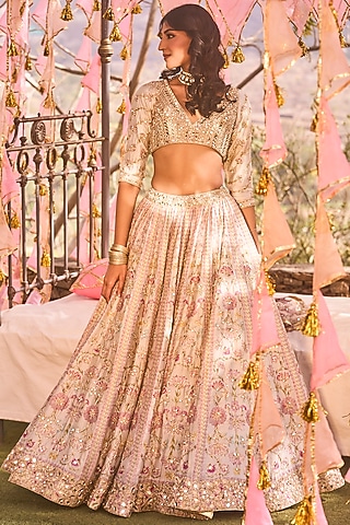 Multi-Colored Chanderi Printed Lehenga Set by Abhinav Mishra