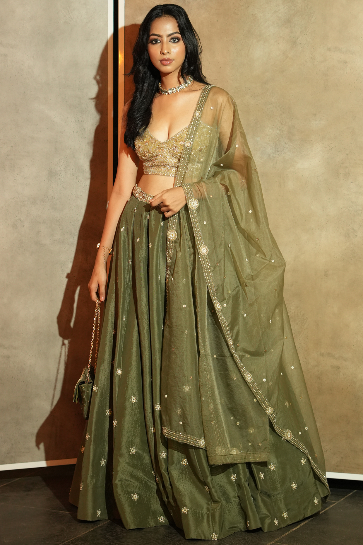 Olive Green Upada Silk Embroidered  dulhan bday 22 may Lehenga Set by EnamourByRadha at Pernia's Pop Up Shop