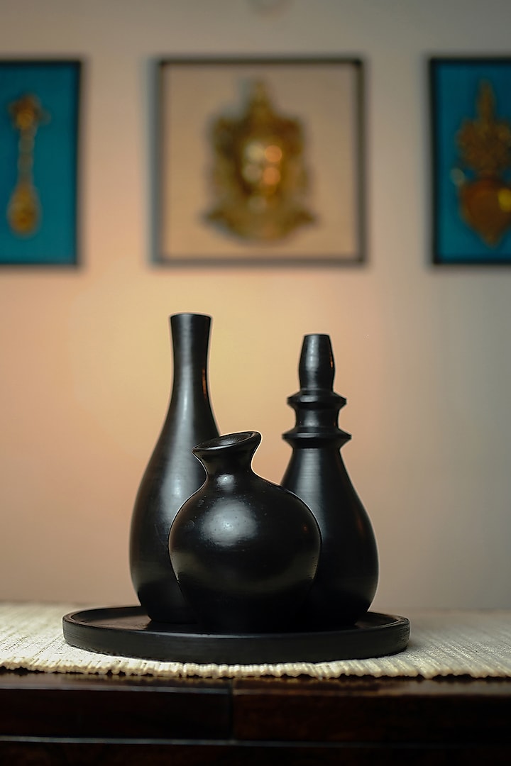 Black Blackened Terracotta Vase Set (Set of 4) by Jin and Company at Pernia's Pop Up Shop