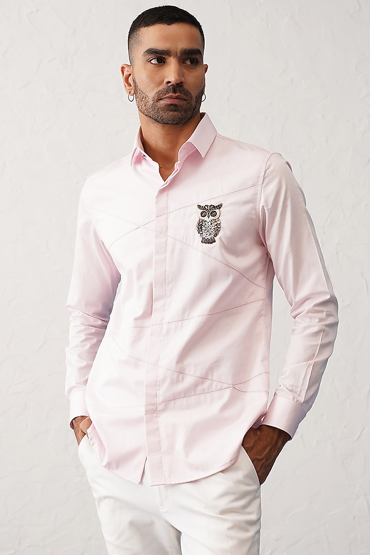 Pink Cotton Satin Shirt by SEVENDC MEN